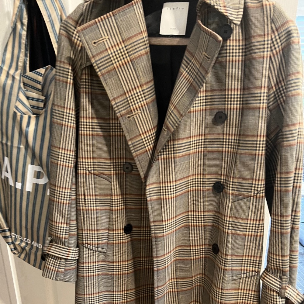 SANDRO ROSELIER PLAID TRENCHCOAT FR 24